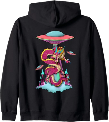 Myth Meets Machine – A surreal blend of traditional Asian dragon artistry with futuristic UFOs and g