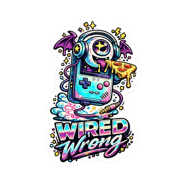 Retro gamer monster magnet with neon pizza and wired wrong arcade style