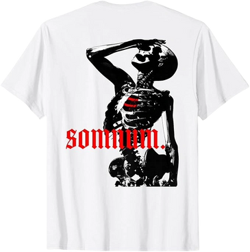 SOMNUM gothic skeleton shirt featuring dark surreal black artwork and bold red old English text on a