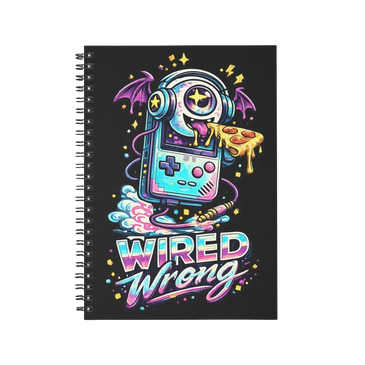 Spiral notebook with retro gamer monster, neon pizza, wired wrong art
