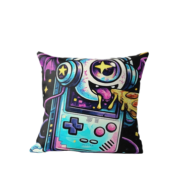 Throw pillow with retro gamer monster, neon pizza, wired wrong design