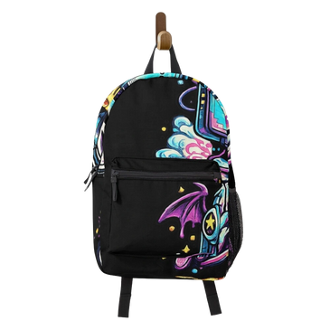 Backpack with retro gamer monster, neon pizza, wired wrong design
