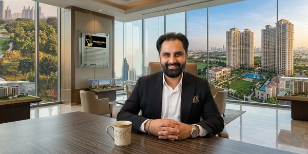 Man in a suit sitting at a desk with a cityscape view behind him.