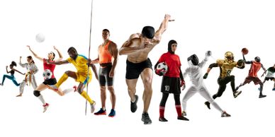 Diverse athletes from various sports in action poses on a white background.