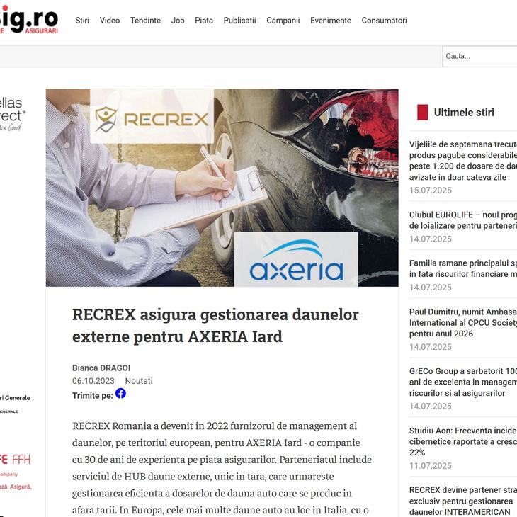 RECREX manages external claims for AXERIA IARD
