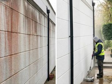 Before and after cleaning of a stained white wall.