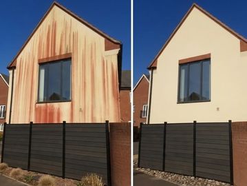 Render cleaning service in Bournemouth, removing moss, algae and stains from home exterior walls.