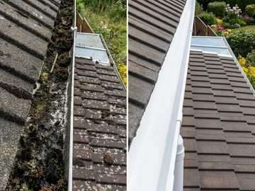 Professional gutter cleaning service clearing clogged roof gutters filled with leaves and dirt on a 