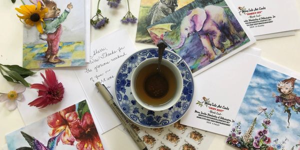 Tea Cup, Stationery, Writing Note Cards, Blank Art Cards, Envelopes, Pink Elephant, Hummingbird Card