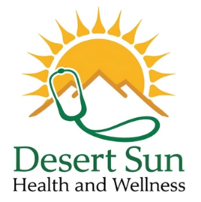 Logo of Desert Sun Health and Wellness with sun, mountains, and stethoscope.