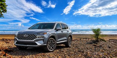 Gray SUV parked by the beach under a blue sky.