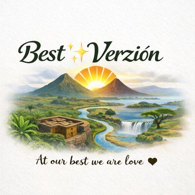 Sunrise behind mountains with a river and waterfall, text about 'Best Verzión' and love.