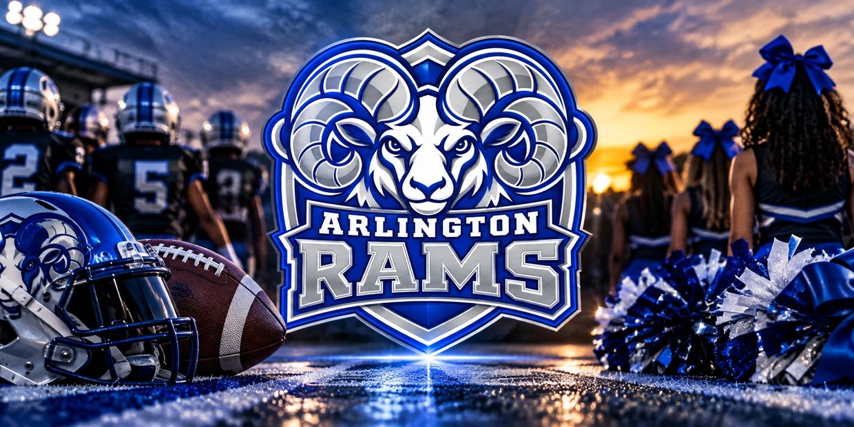 Arlington Rams football helmet, ball, and cheerleaders at sunset.