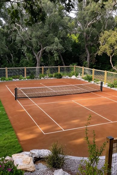 A clay tennis court surrounded by greenery and a wooden fence.