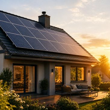 Modern house with solar panels on the roof during sunset.