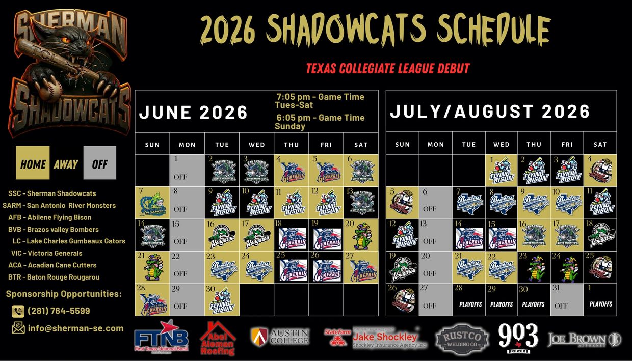 2026 Sherman Shadowcats baseball schedule with team logos and game dates.