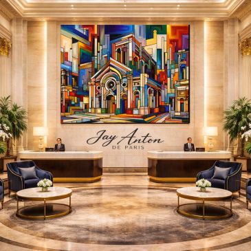 Luxurious hotel lobby with colorful art and two reception desks.