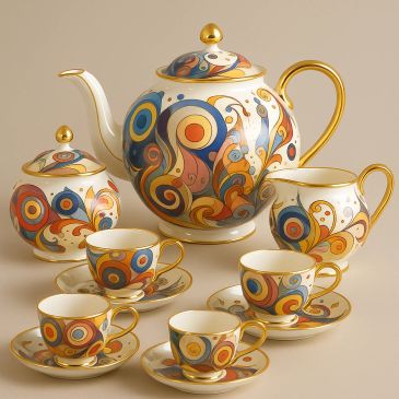 Colorful patterned tea set with gold accents.