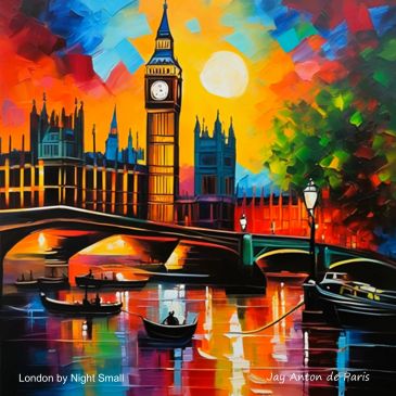 Colorful painting of London's Big Ben and river at sunset.