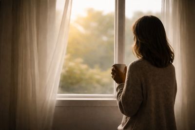 A woman in a cozy sweater gazes out a window holding a mug.
