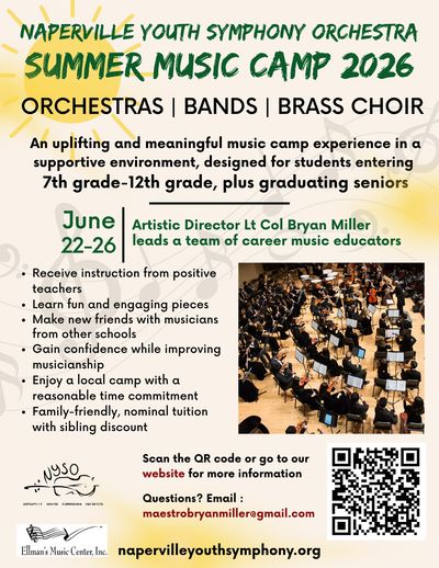 Flyer for Naperville Youth Symphony Orchestra Summer Music Camp 2026.