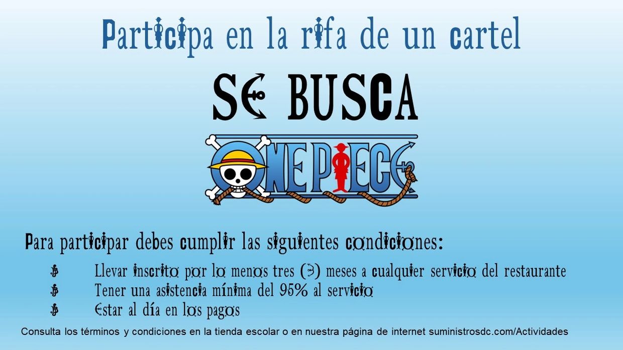 Anuncio para rifa de cartel de One Piece con condiciones de participación.