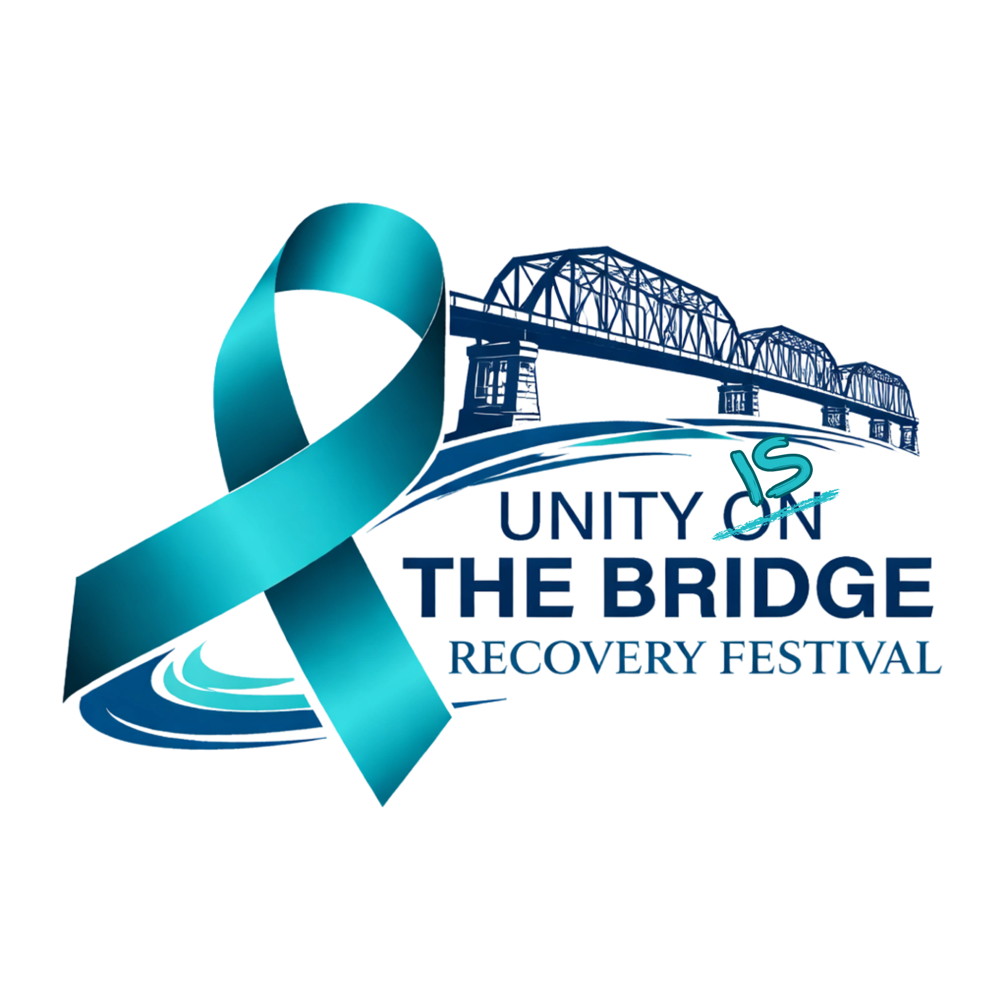Logo for Unity by the Bridge Recovery Festival with a teal ribbon and bridge.