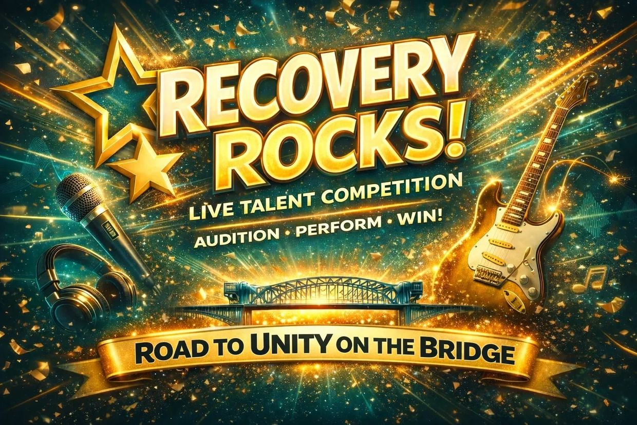Golden-themed poster for "Recovery Rocks!" live talent competition with guitar and microphone.