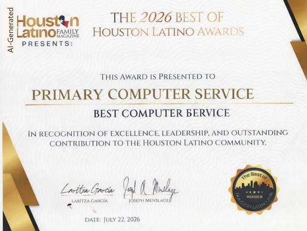 Award certificate for Primary Computer Service as Best Computer Service in 2026.