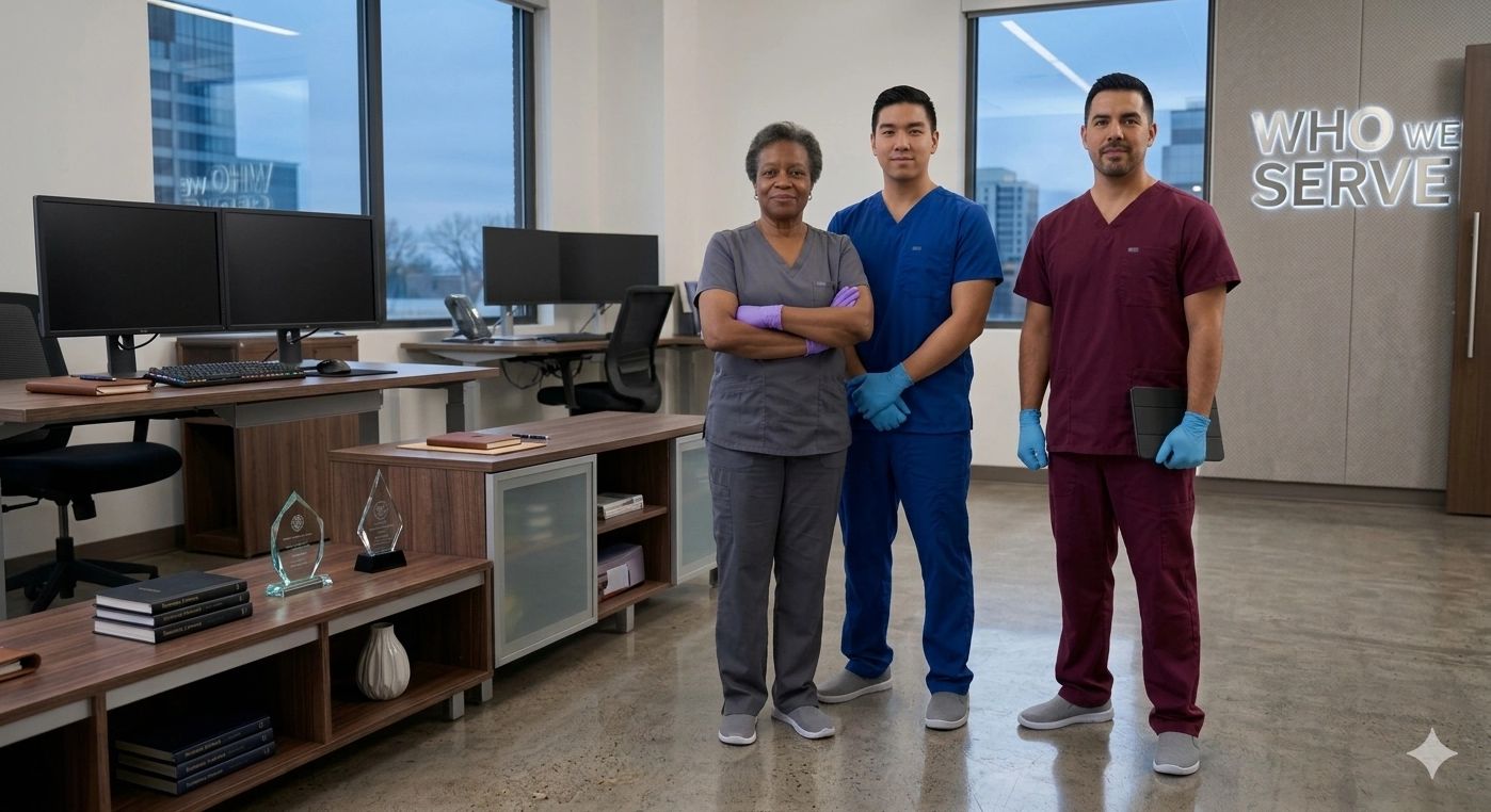 Three healthcare professionals standing confidently in a modern office.