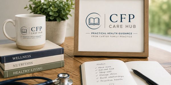 CFP Care Hub branding with wellness books, a stethoscope, and a health notes journal.