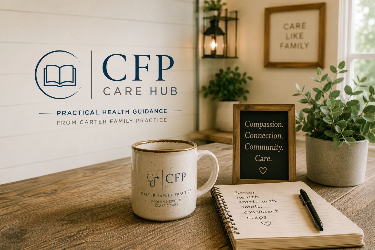 Cozy health care setup with inspirational messages and a CFP branded mug on a wooden table.
