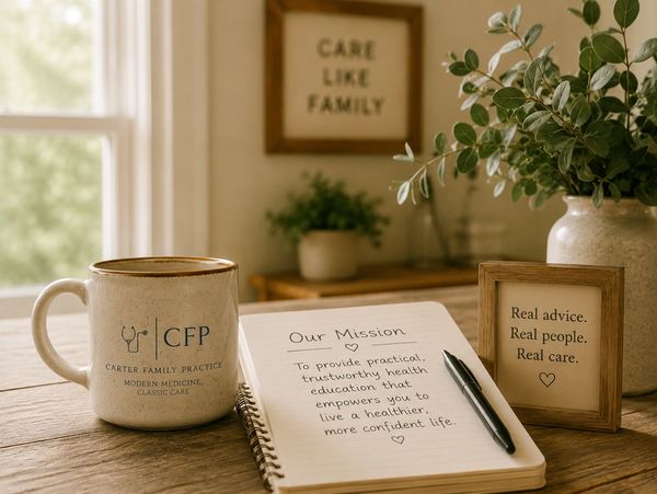 Cozy health practice setup with mission notes and a coffee mug.