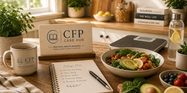 Healthy meal and daily planner on a wooden kitchen table.