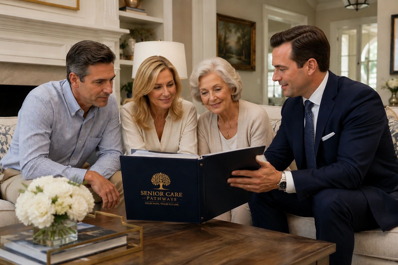 Four people reviewing Senior Care Pathways brochure.