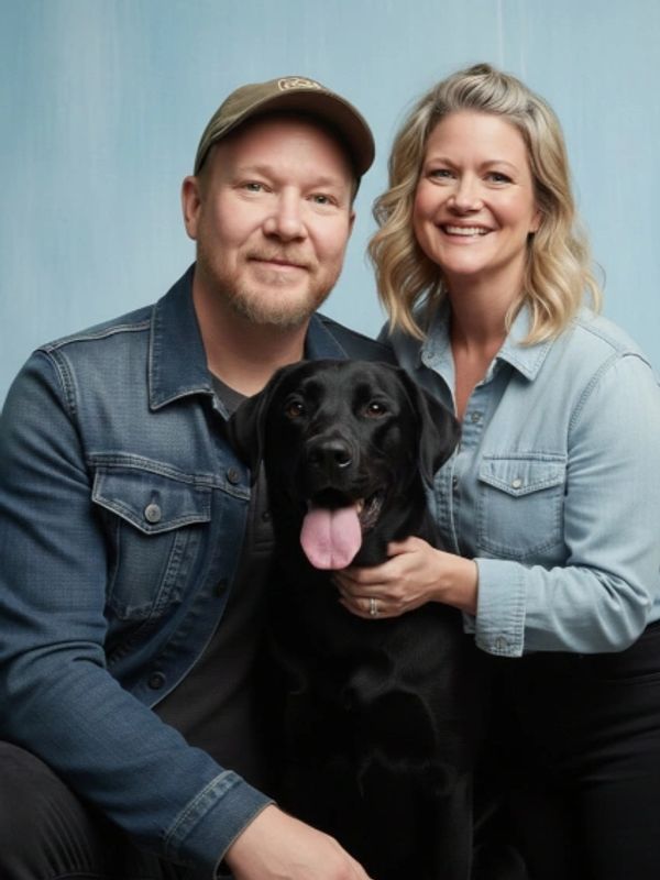 Smiling couple posing with their happy black Labrador against a blue backdrop.