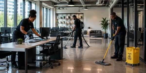 Cleaning crew tidying an office space with mop, vacuum, and wipes.