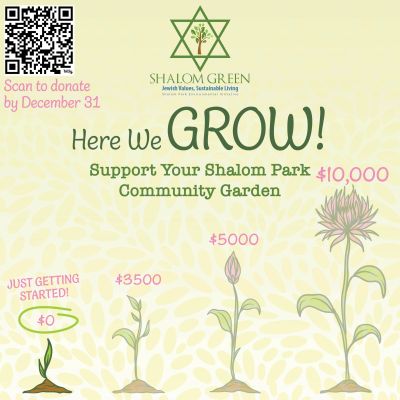 Fundraising graphic for Shalom Park Community Garden showing growth stages and donation goals.