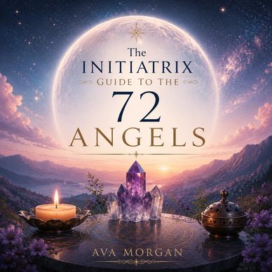 A celestial moon, crystal altar, candlelight, mountain landscape, and the title The Initiatrix Guide