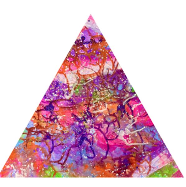 Colorful abstract triangle art with vibrant hues and splattered textures.