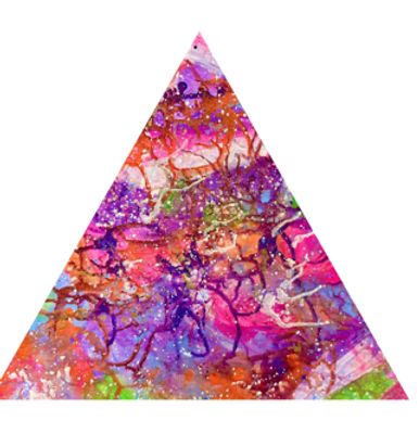 Colorful abstract triangle art with vibrant hues and splattered textures.