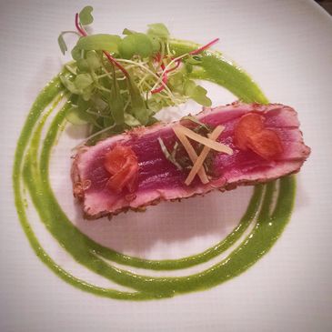 Seared Tuna with Jalapeno Cilantro Sauce, Crispy Ginger, Lemon, and Basil