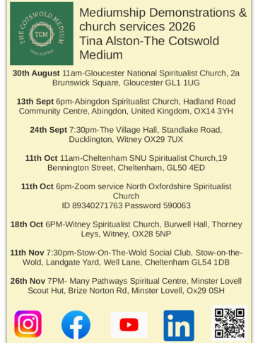 Schedule of mediumship demonstrations and church services by Tina Alston in 2026.