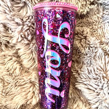 Pink and Rose Gold Glittered Snow Globe Tumbler