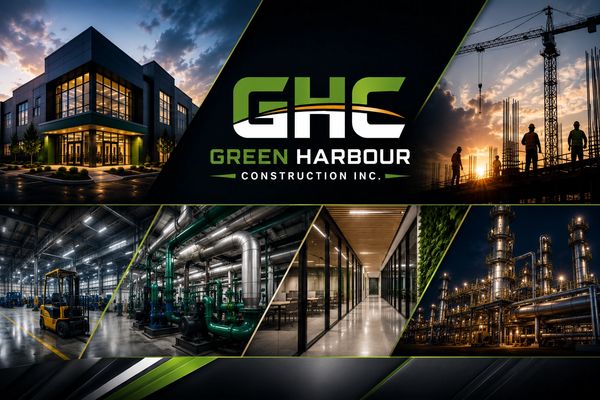 Green Harbour Construction Inc. collage with buildings and industrial scenes.