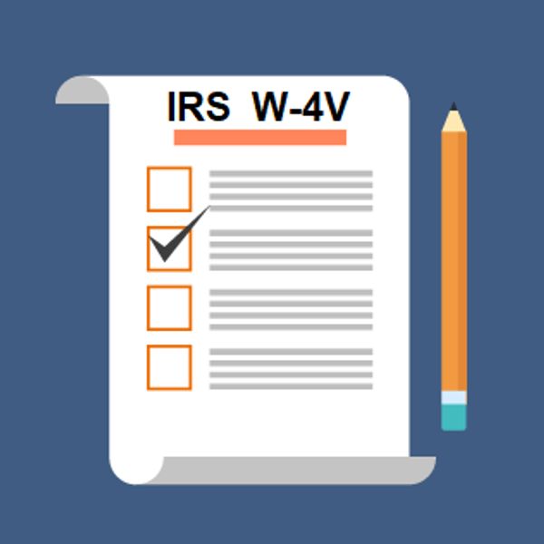 Illustration of an IRS W-4V form with checkboxes and a pencil.