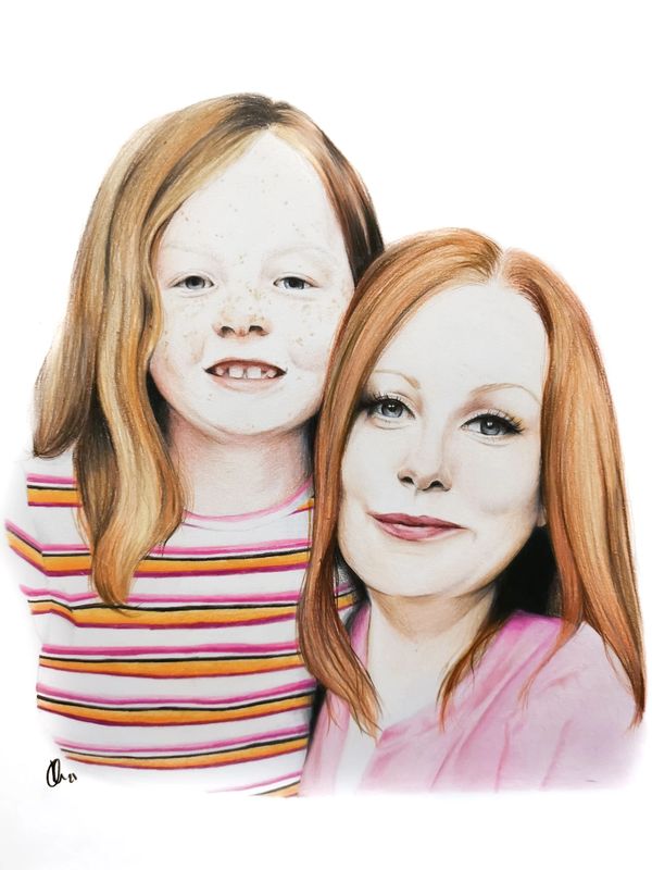 mother and daughter colour hand drawn portrait