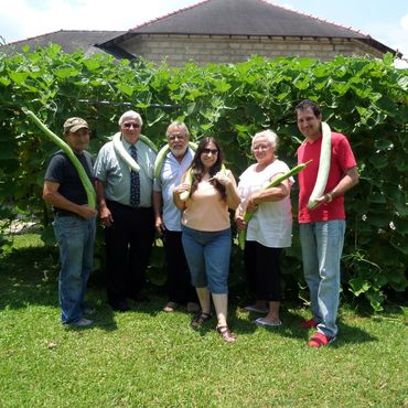 Group of six people holding large gourds in a garden with lush greenery.