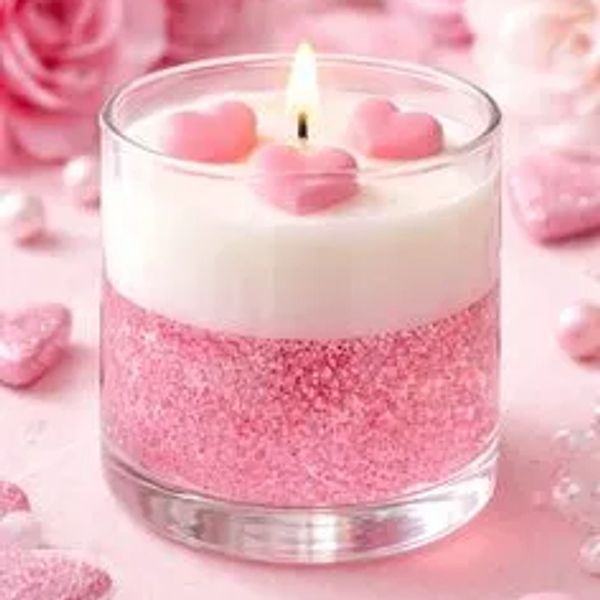 Pink and white candle with heart-shaped decorations and roses in background.