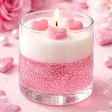 A lit candle with pink heart-shaped wax pieces in a glass holder.